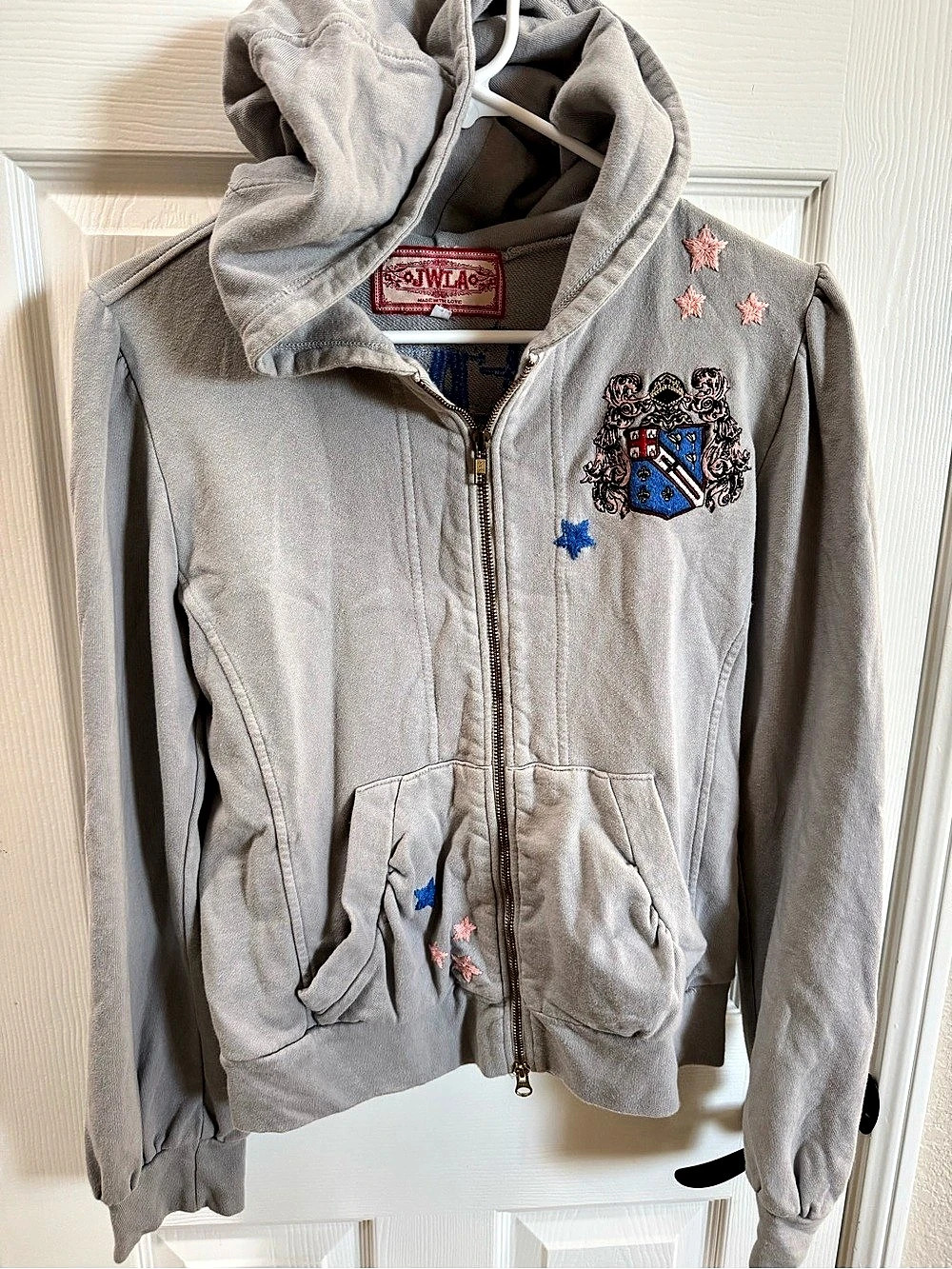 JWLA Johnny Was Embroidered Hooded Varsity Jacket in Gray & Pink